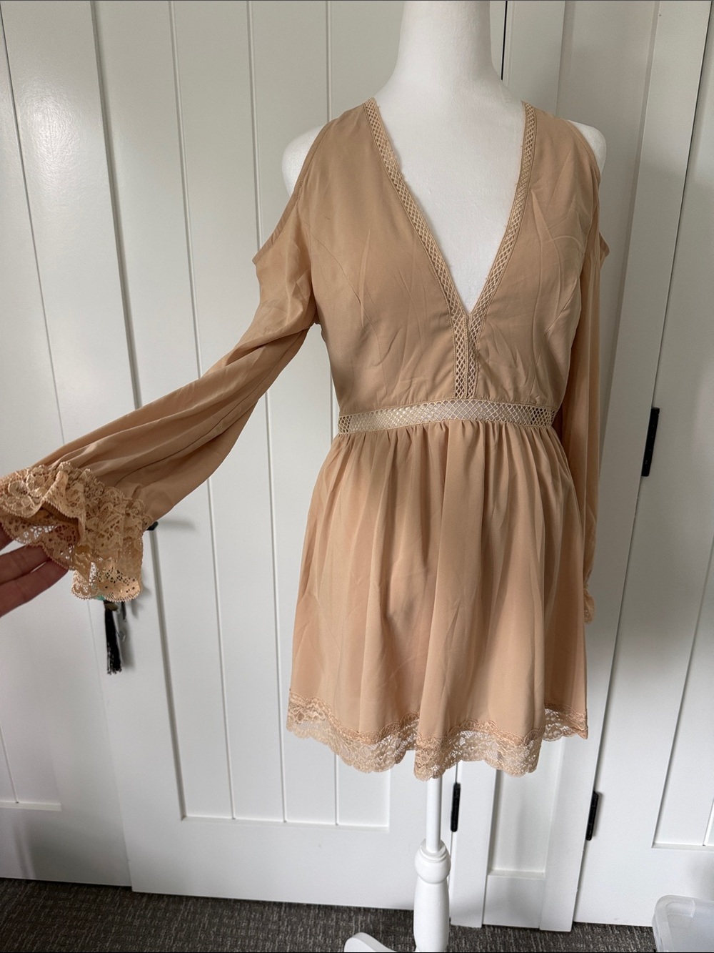 Beige Cold-Shoulder Mini Dress with Lace Trim